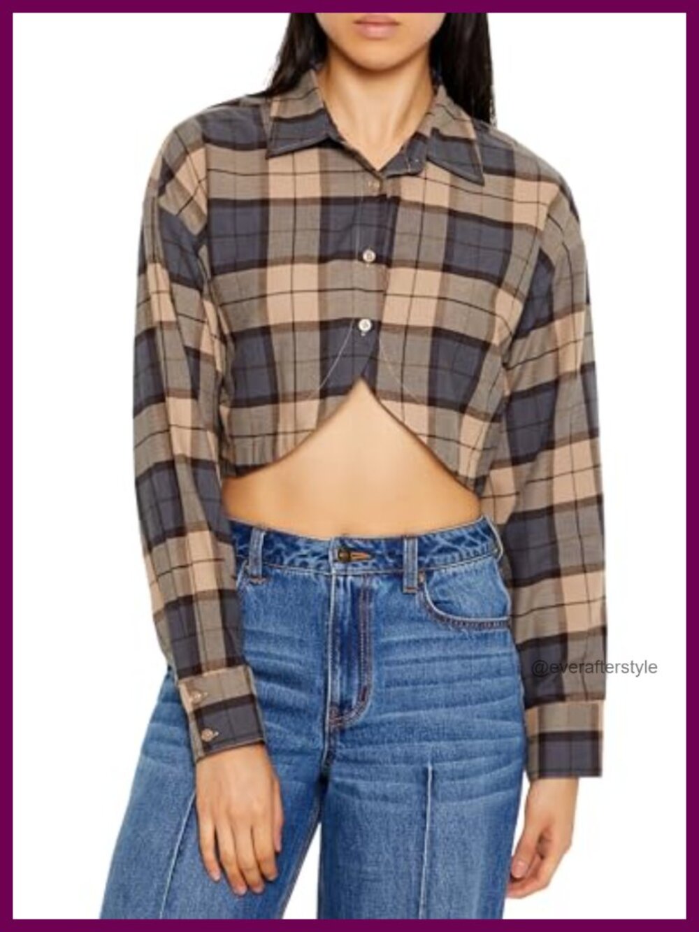 Plaid Cropped Flannel Button-Down Shirt